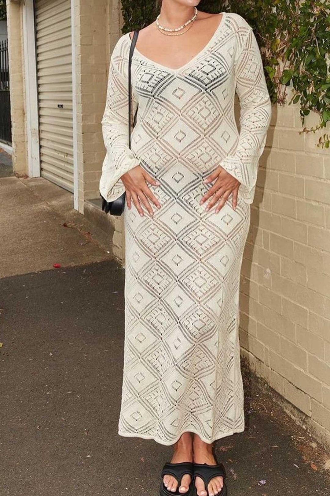 V Neck Crochet Checkered Hollow Out Midi Dress Beige · XL