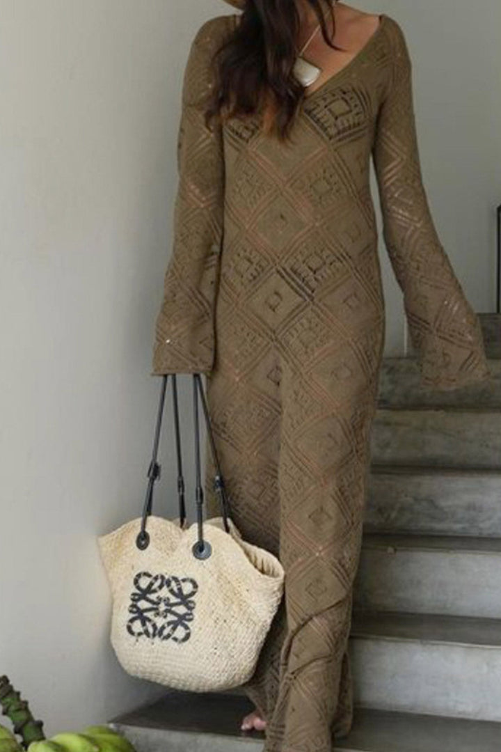 V Neck Crochet Checkered Hollow Out Midi Dress Olive Green · XL