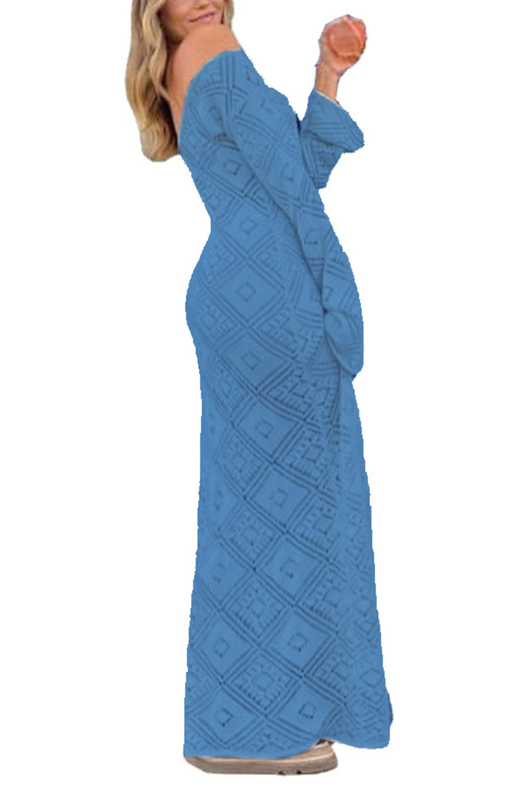 V Neck Crochet Checkered Hollow Out Midi Dress Black · S