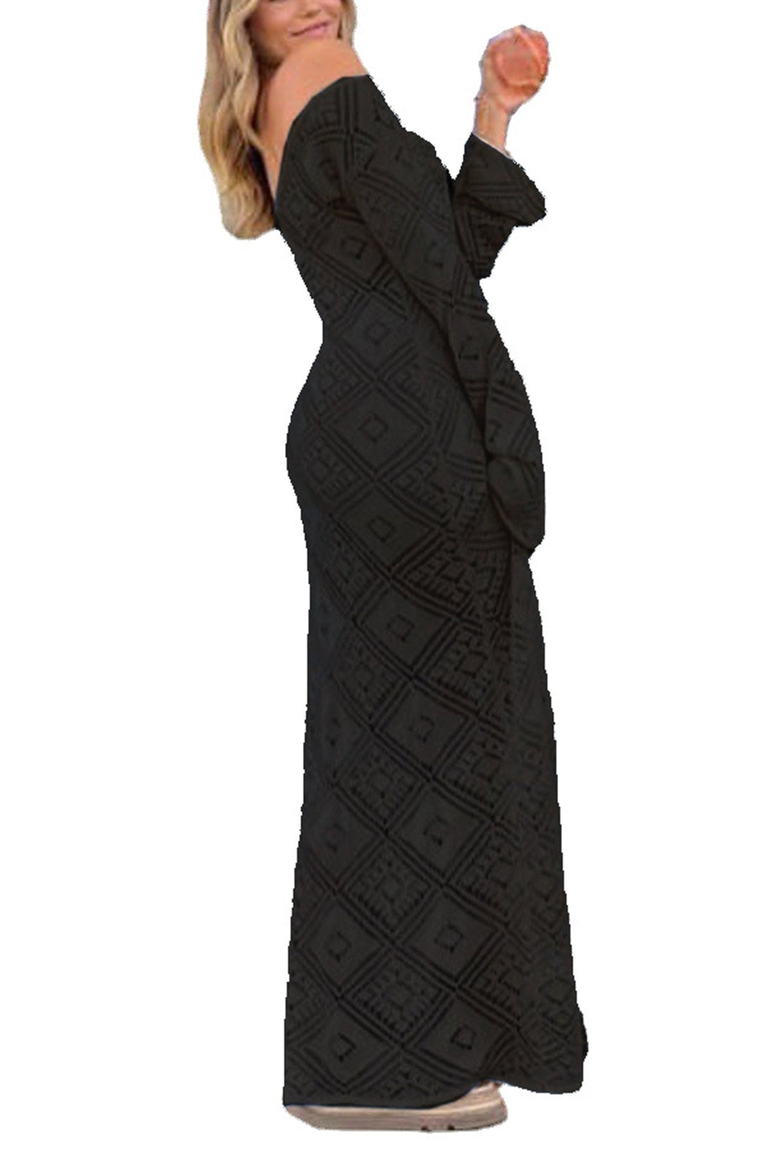 V Neck Crochet Checkered Hollow Out Midi Dress Olive Green · L