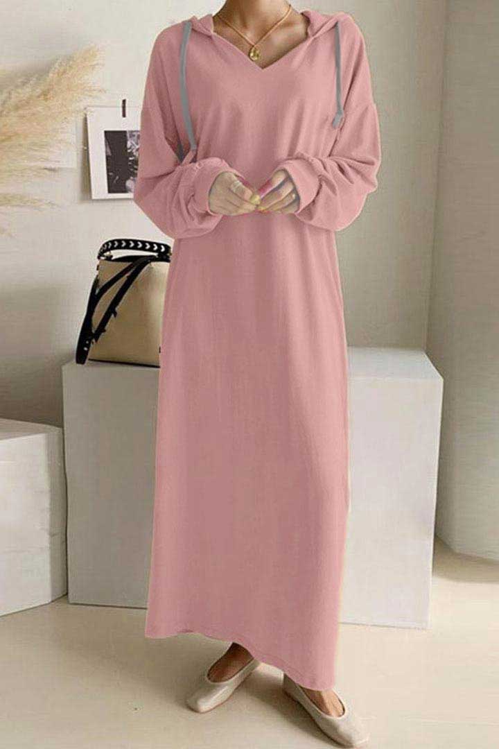 V Neck Drawstring Hooded Dress Grey · XL