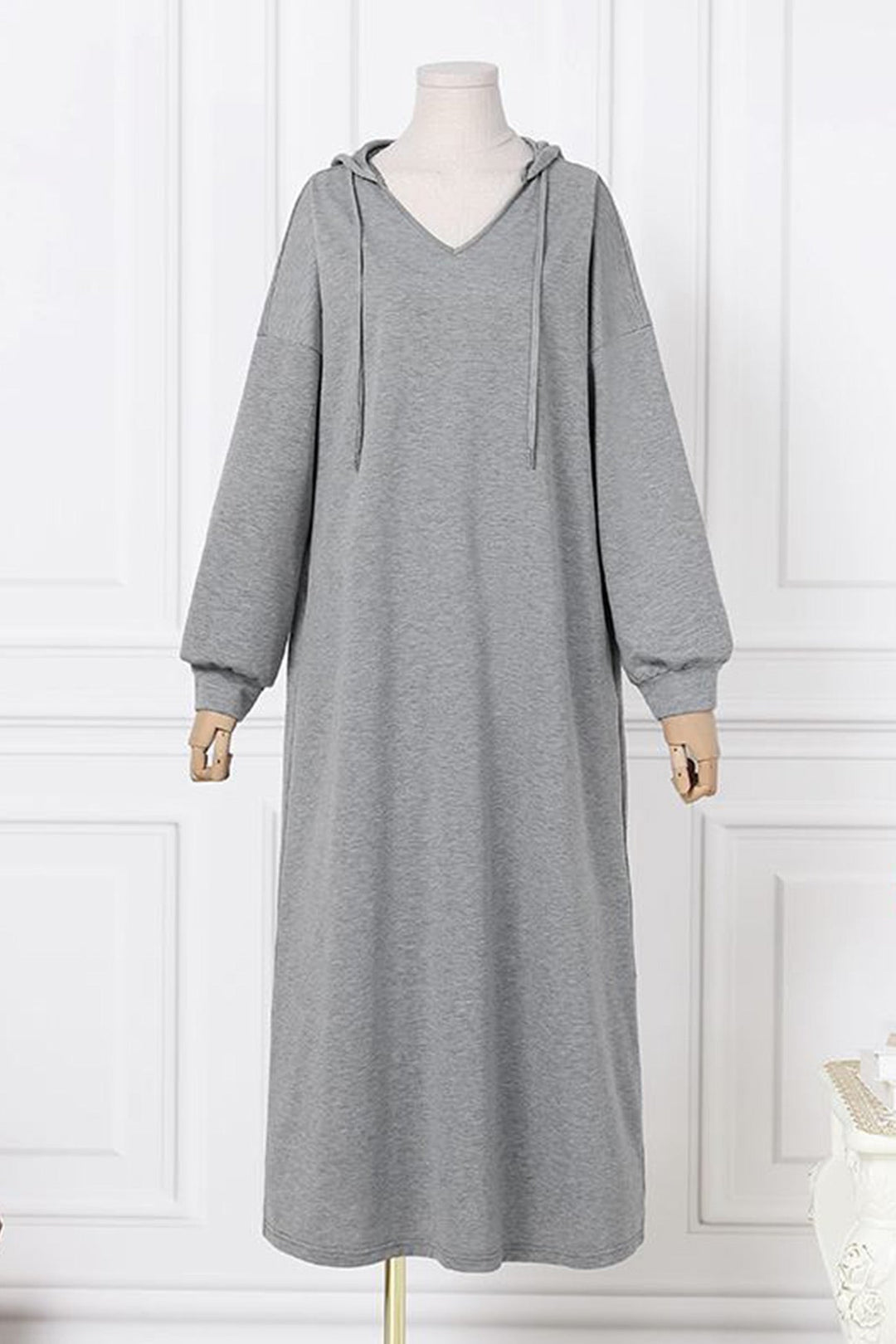 V Neck Drawstring Hooded Dress Light Yellow · 3XL