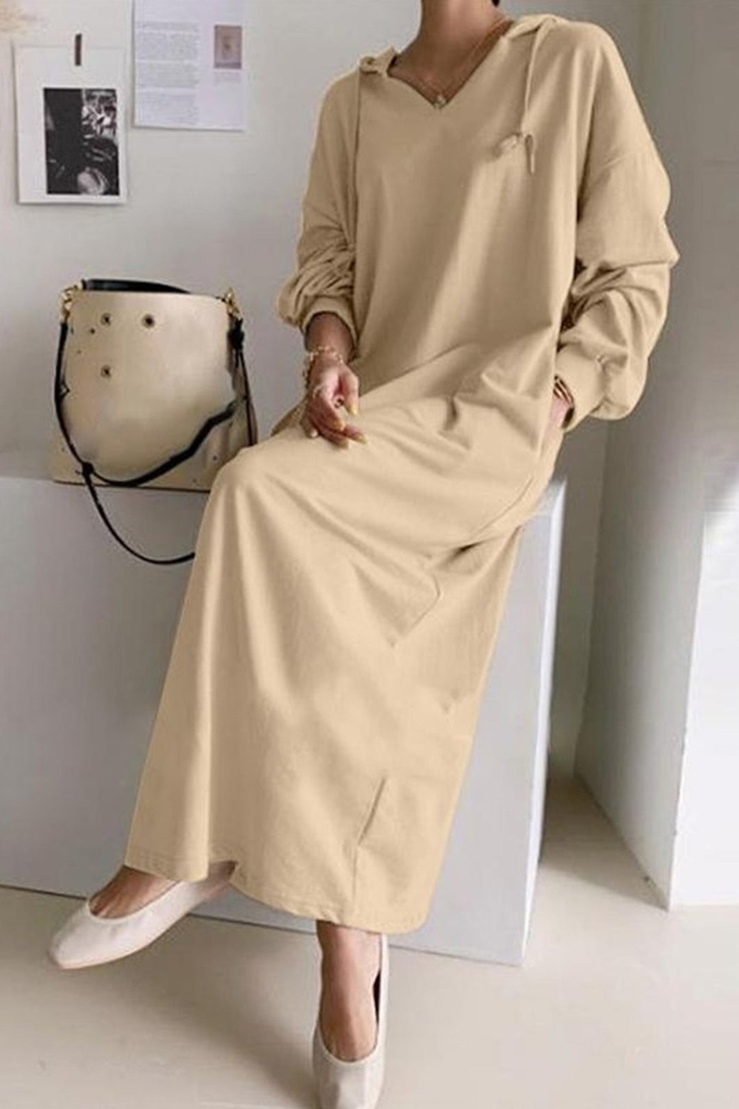 V Neck Drawstring Hooded Dress Light Yellow · S
