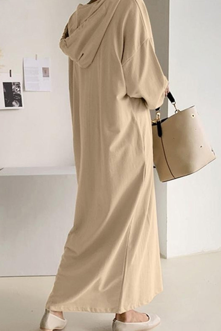 V Neck Drawstring Hooded Dress Light Yellow · M