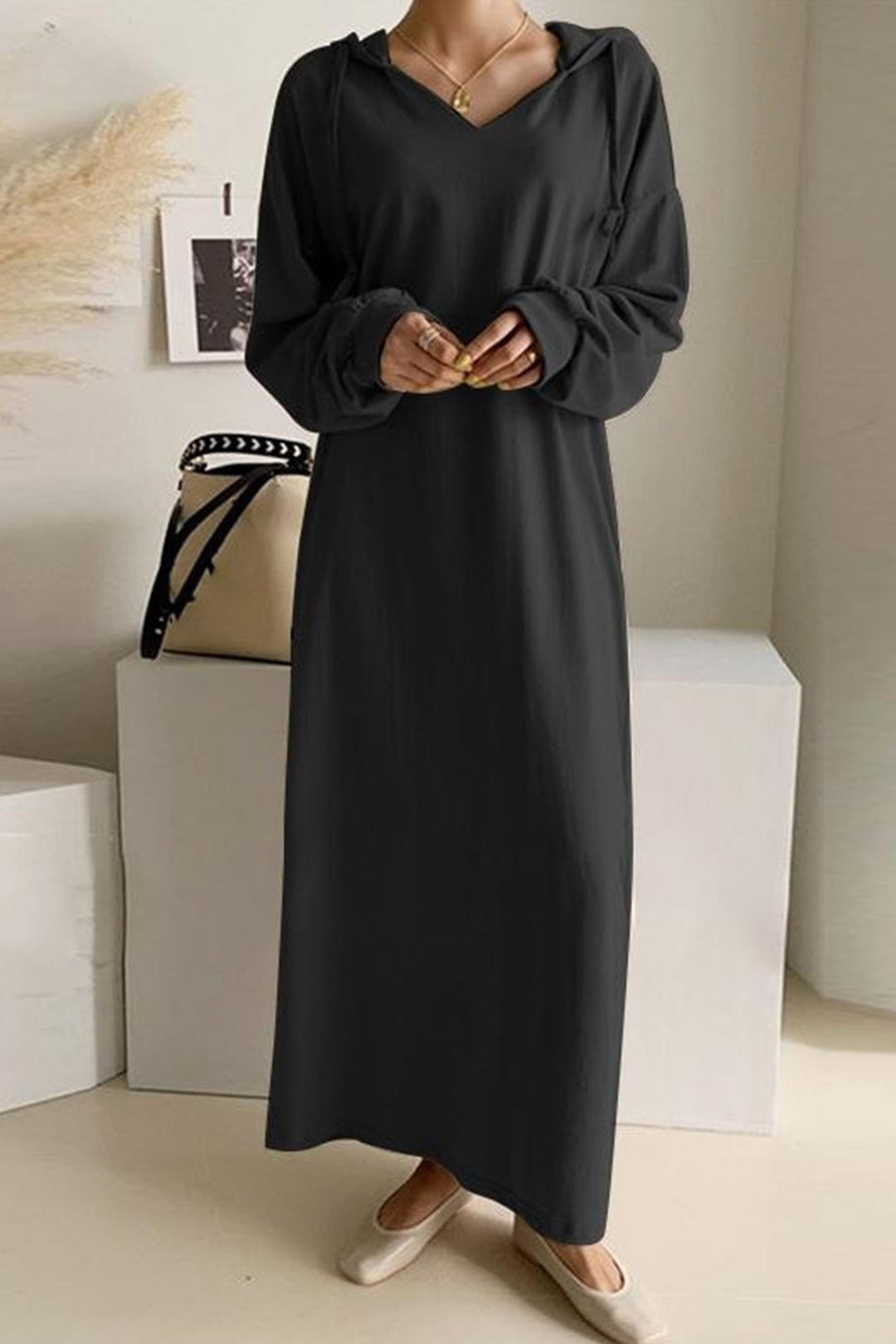 V Neck Drawstring Hooded Dress Light Yellow · 5XL