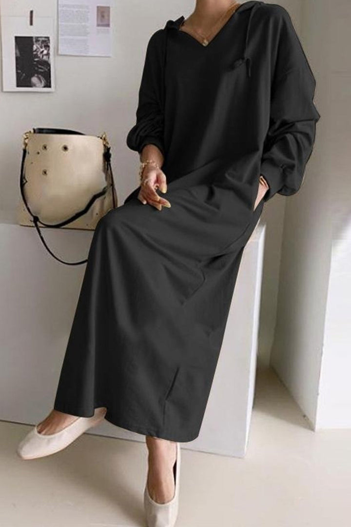 V Neck Drawstring Hooded Dress Grey · S