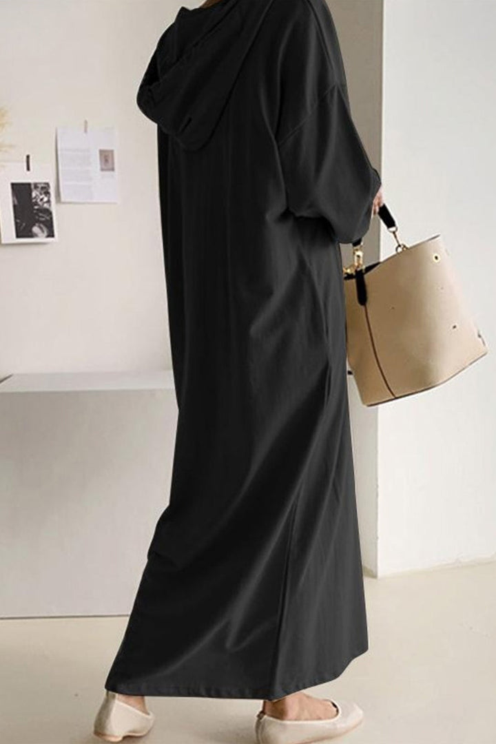 V Neck Drawstring Hooded Dress Grey · M
