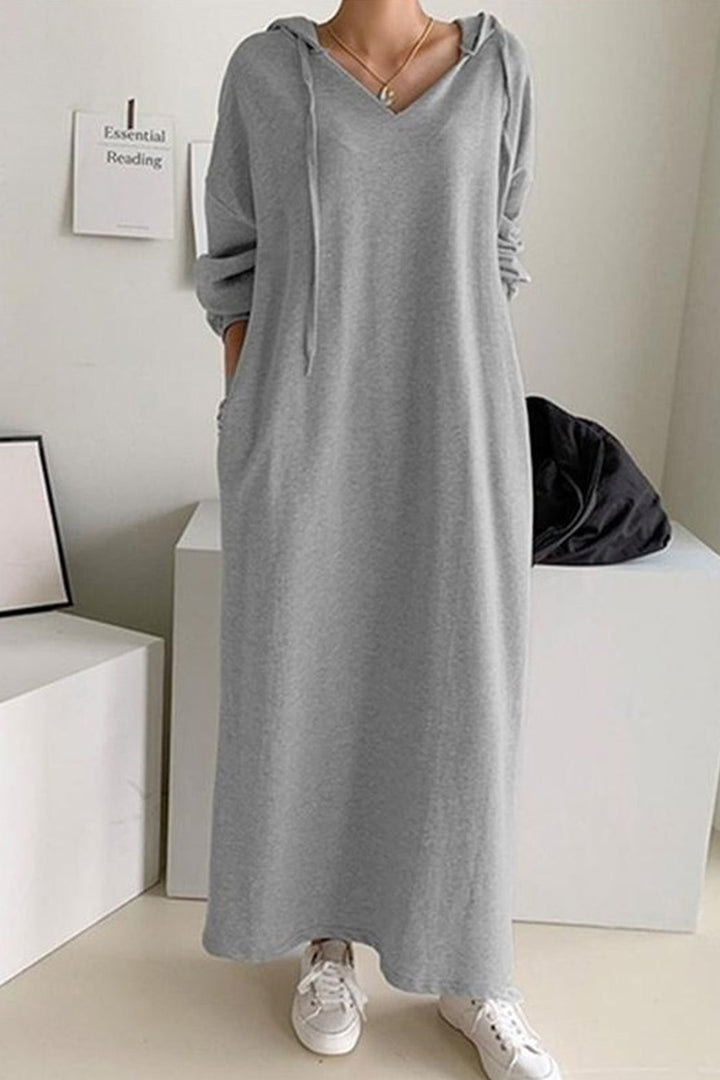 V Neck Drawstring Hooded Dress Light Yellow · L
