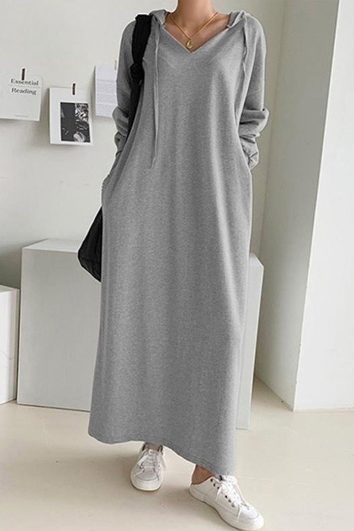 V Neck Drawstring Hooded Dress Light Yellow · XL