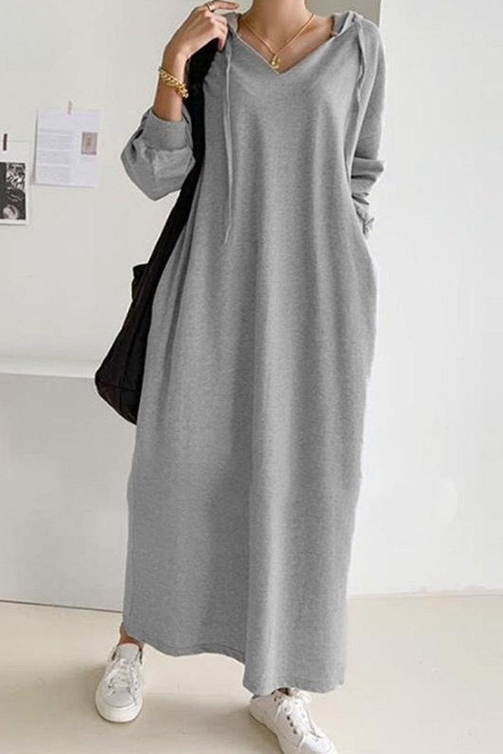 V Neck Drawstring Hooded Dress Light Yellow · 2XL