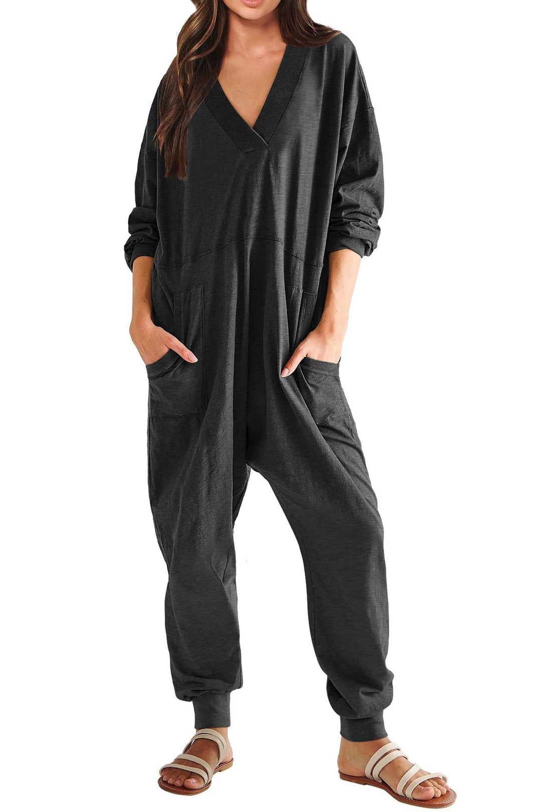 V Neck Drop Shoulder Pocket Jumpsuit Light Blue · M