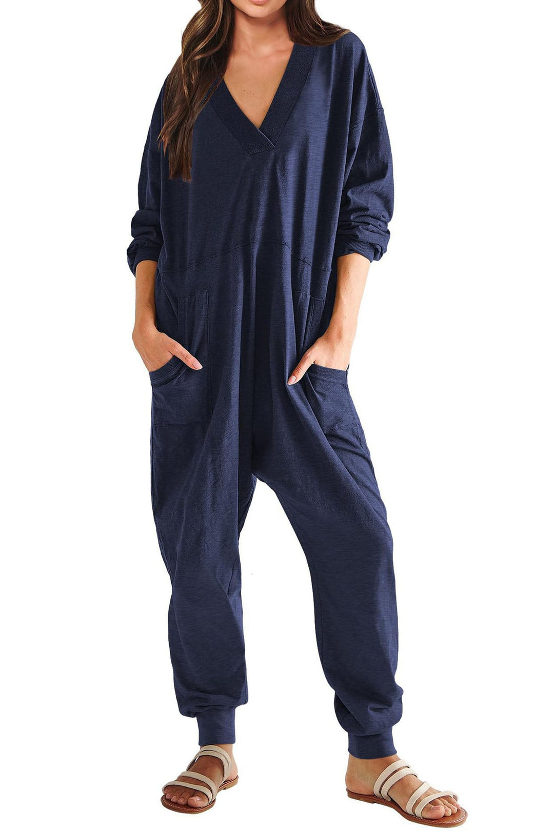 V Neck Drop Shoulder Pocket Jumpsuit Light Blue · XL