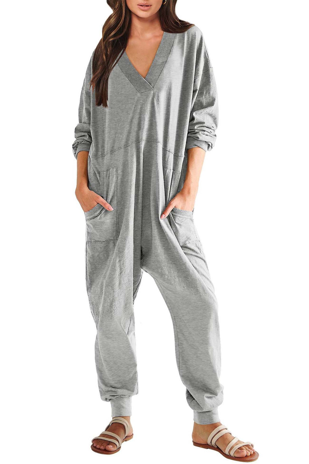 V Neck Drop Shoulder Pocket Jumpsuit Black · L