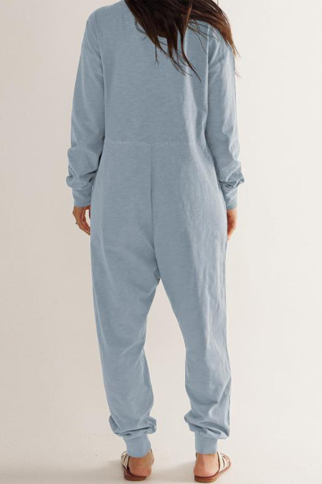 V Neck Drop Shoulder Pocket Jumpsuit Light Blue · S