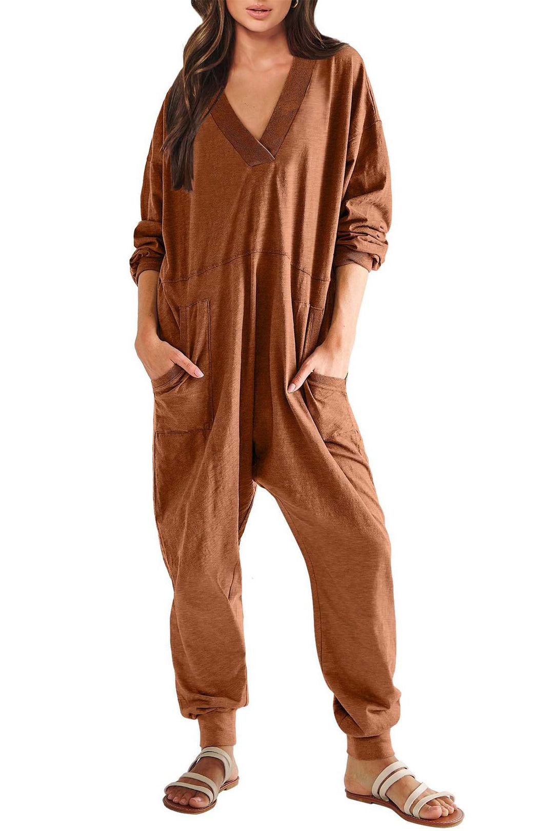 V Neck Drop Shoulder Pocket Jumpsuit Dark Blue · XL