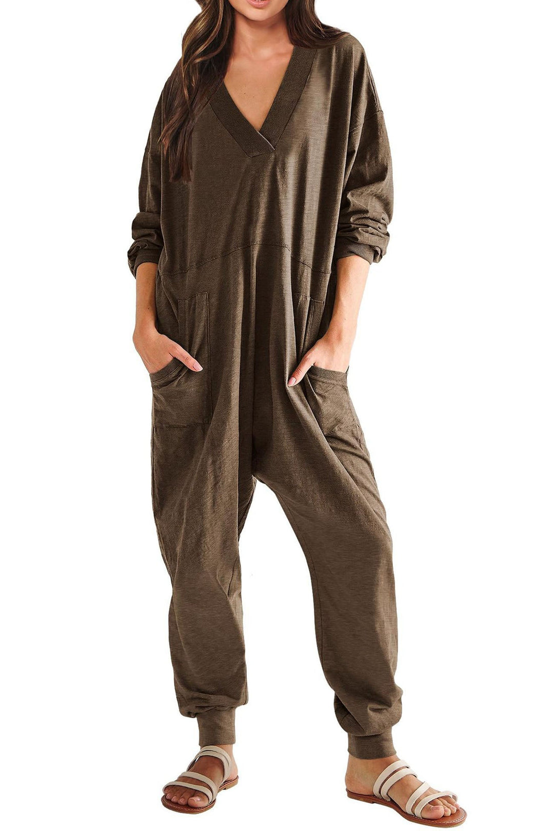 V Neck Drop Shoulder Pocket Jumpsuit Black · 2XL