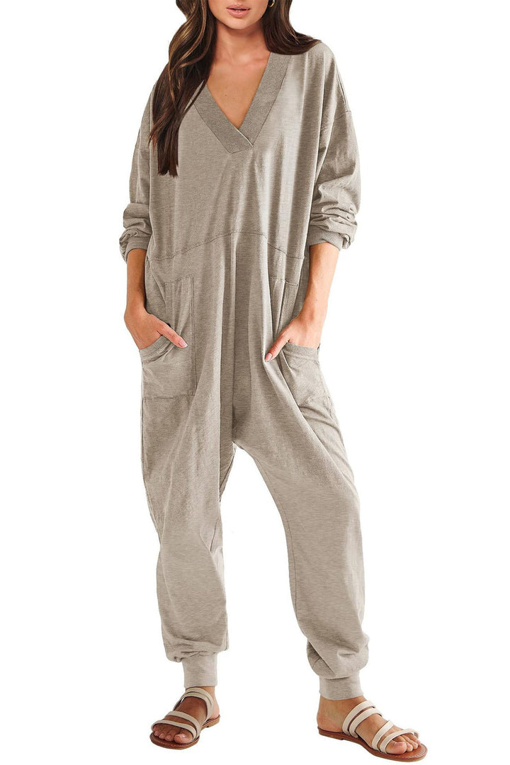 V Neck Drop Shoulder Pocket Jumpsuit Dark Blue · M