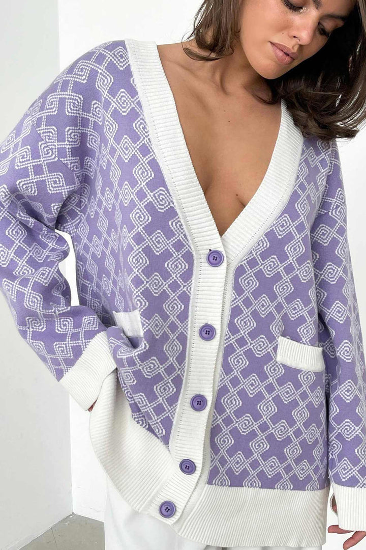 V Neck Geometric Pattern Cardigan Blue · S