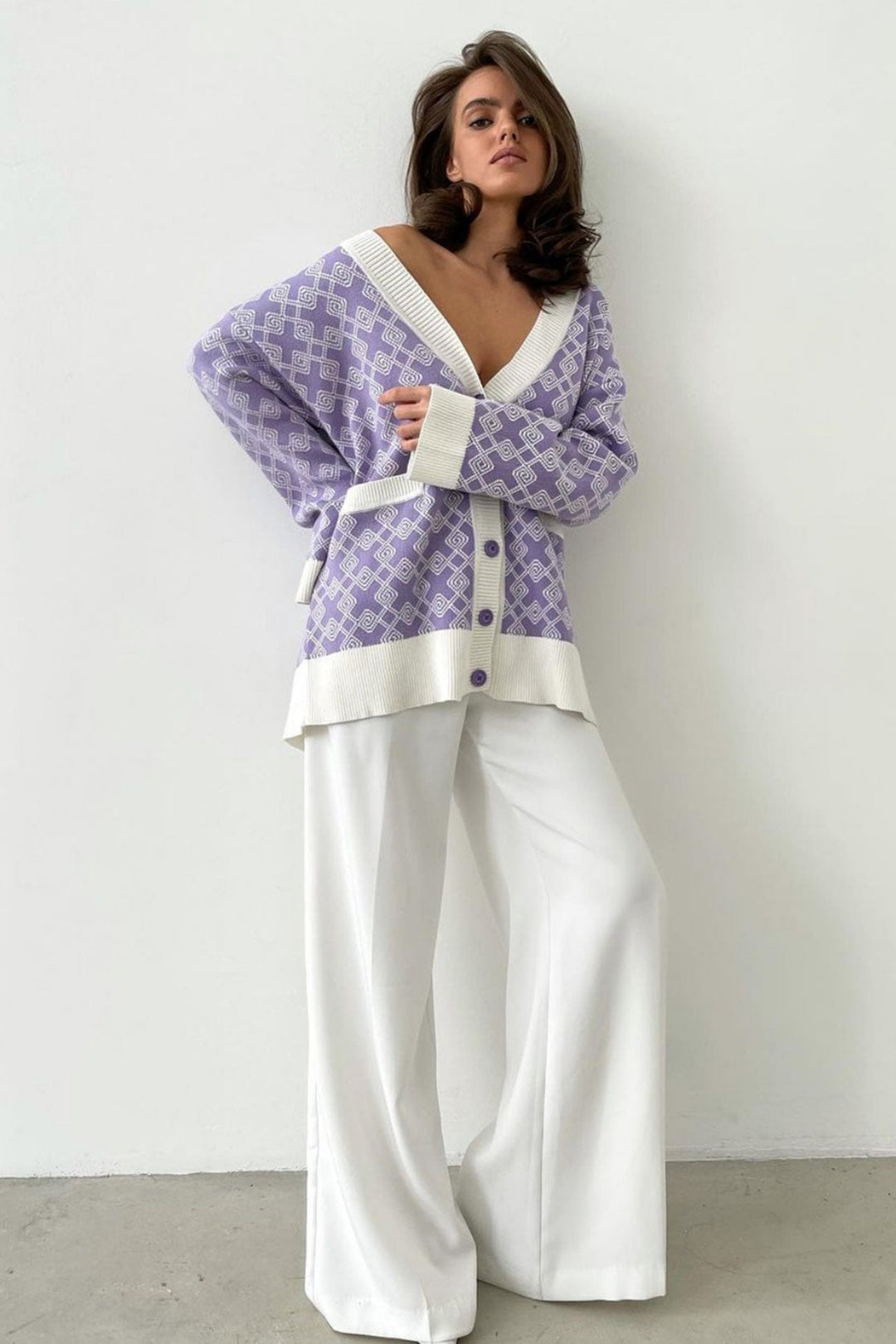 V Neck Geometric Pattern Cardigan Blue · M