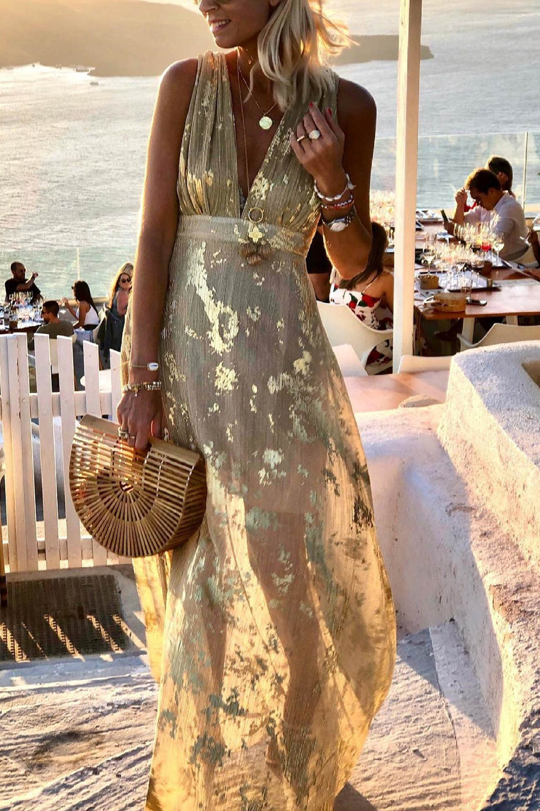 V Neck Hot Stamping Tank Dress Green · L