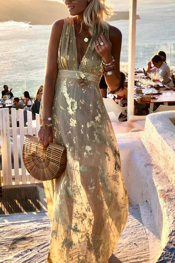 V Neck Hot Stamping Tank Dress Green · L