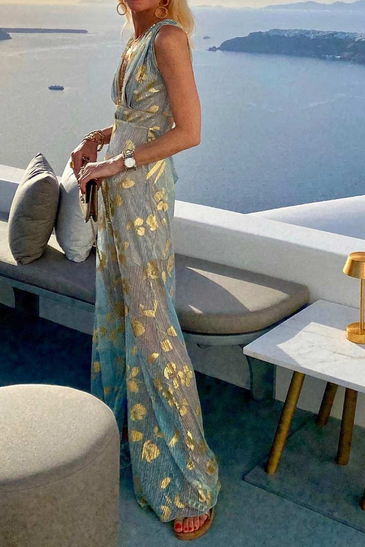 V Neck Hot Stamping Tank Dress Green · M