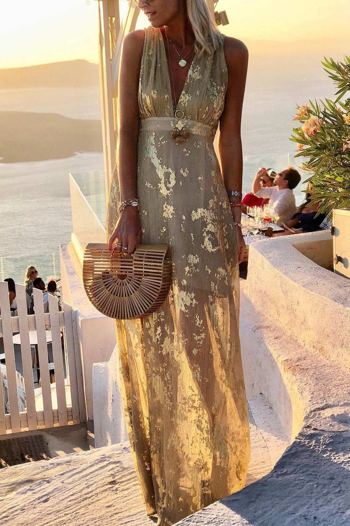 V Neck Hot Stamping Tank Dress Yellow · S