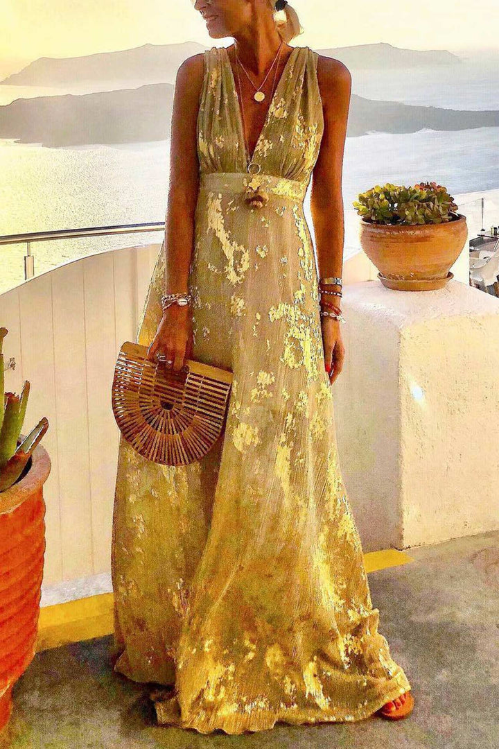 V Neck Hot Stamping Tank Dress Yellow · M