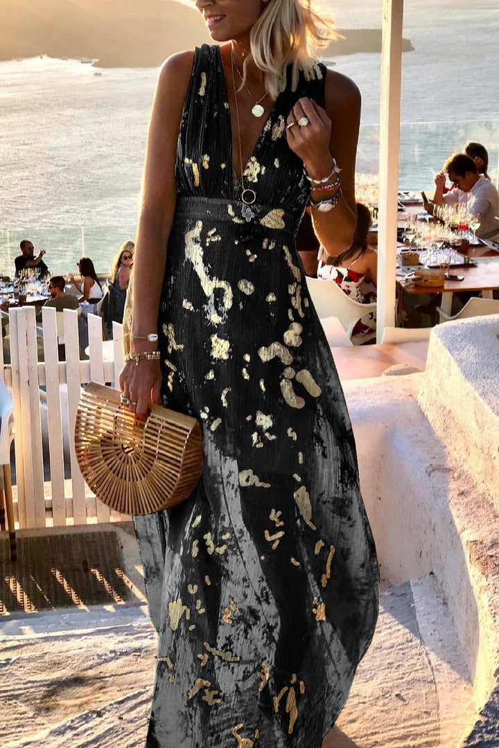 V Neck Hot Stamping Tank Dress Yellow · L