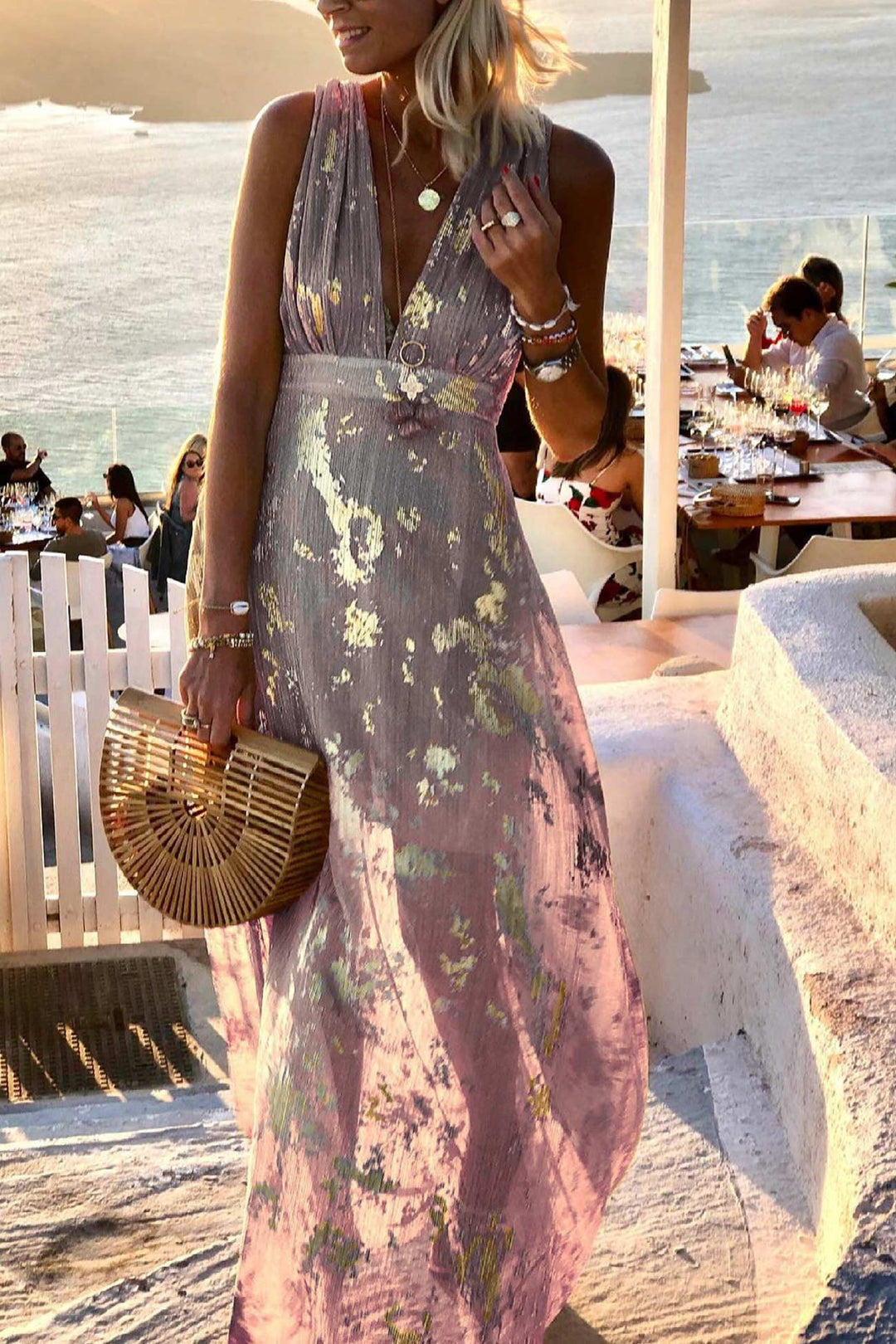 V Neck Hot Stamping Tank Dress Yellow · XL