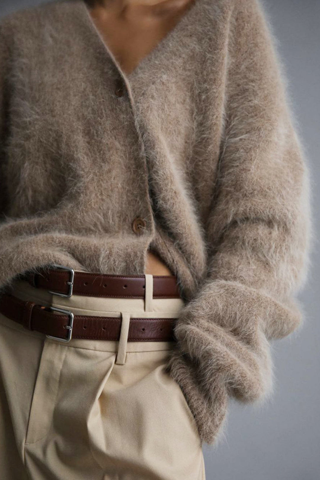 V Neck Imitation Mink Hair Cardigan Khaki · S