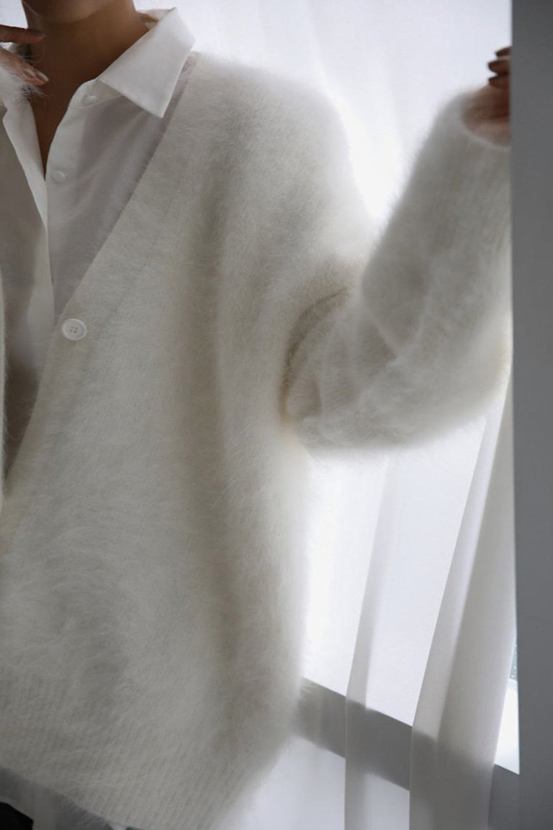 V Neck Imitation Mink Hair Cardigan White · S