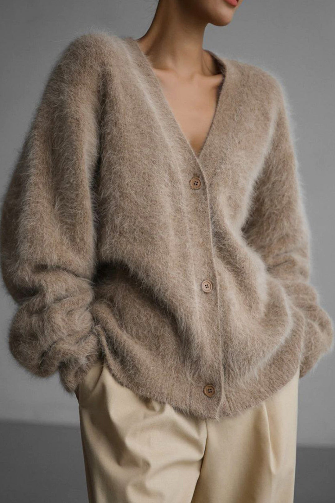 V Neck Imitation Mink Hair Cardigan Light Grey · M