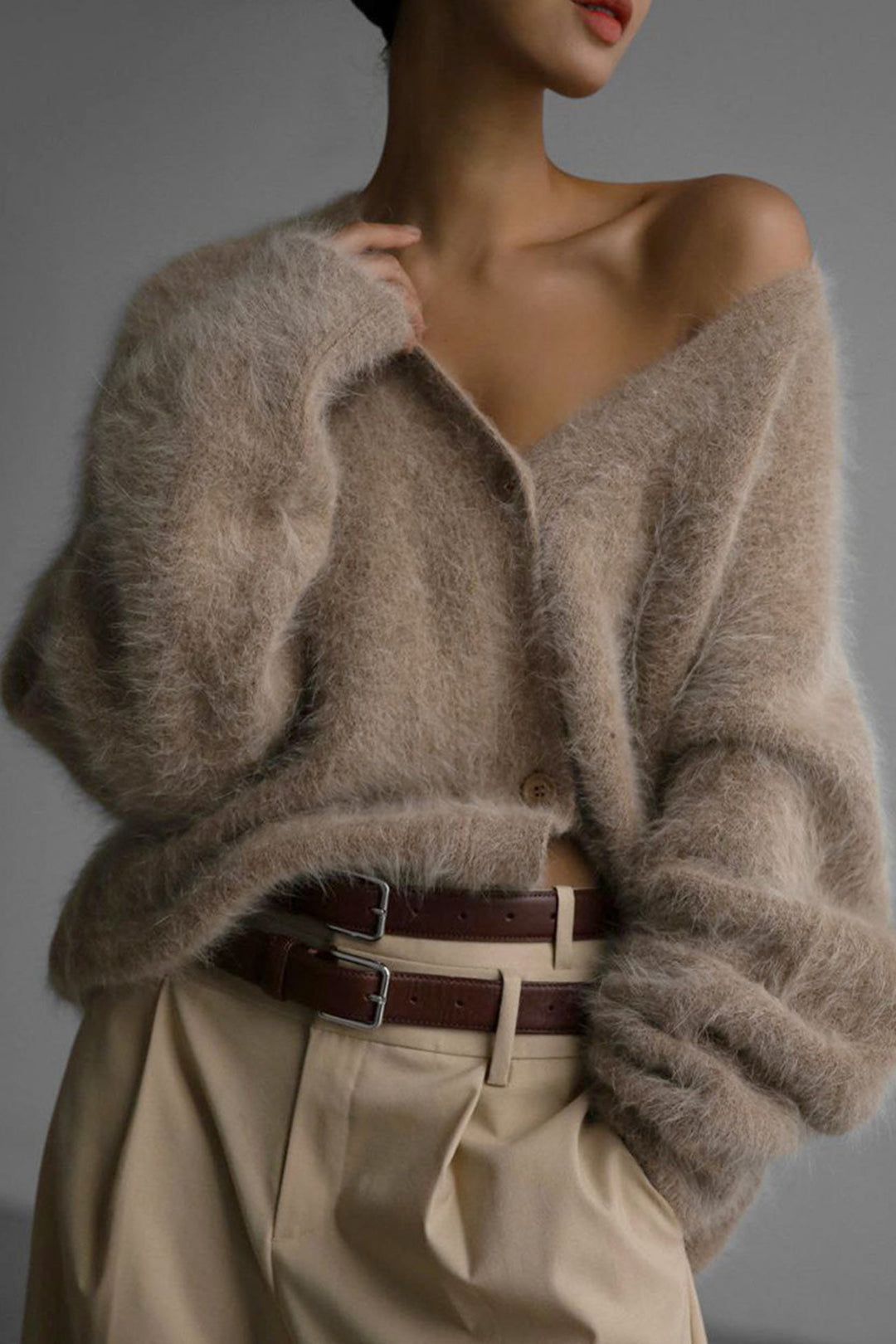 V Neck Imitation Mink Hair Cardigan Light Grey · L