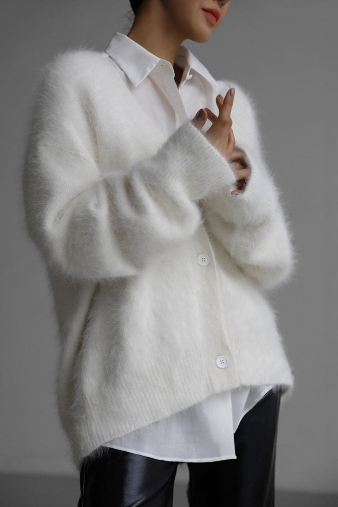 V Neck Imitation Mink Hair Cardigan Khaki · L