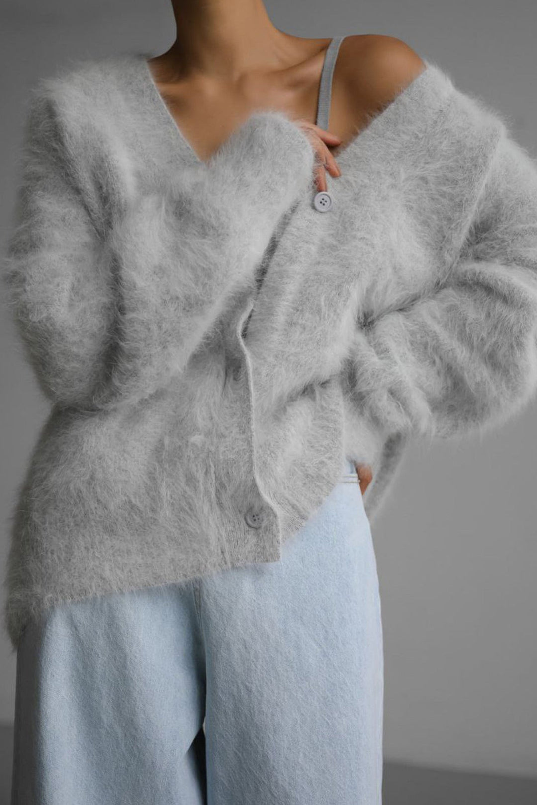 V Neck Imitation Mink Hair Cardigan Khaki · M