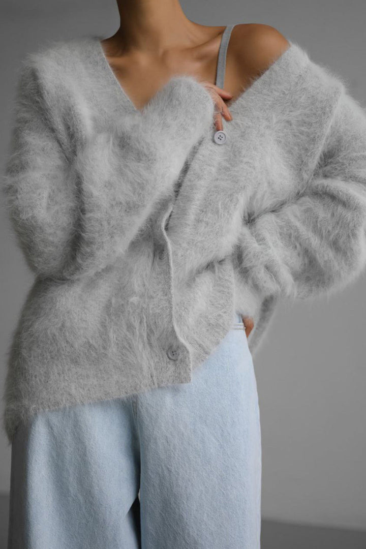 V Neck Imitation Mink Hair Cardigan Khaki · M