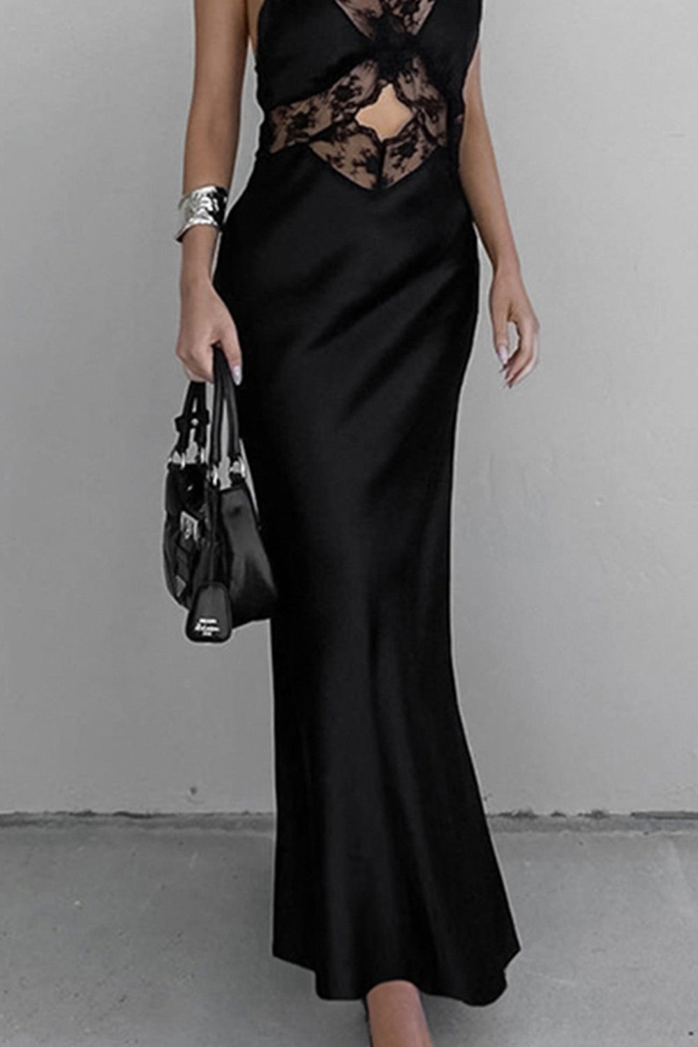 V Neck Lace Cutout Satin Pack Hip Dress Black · M