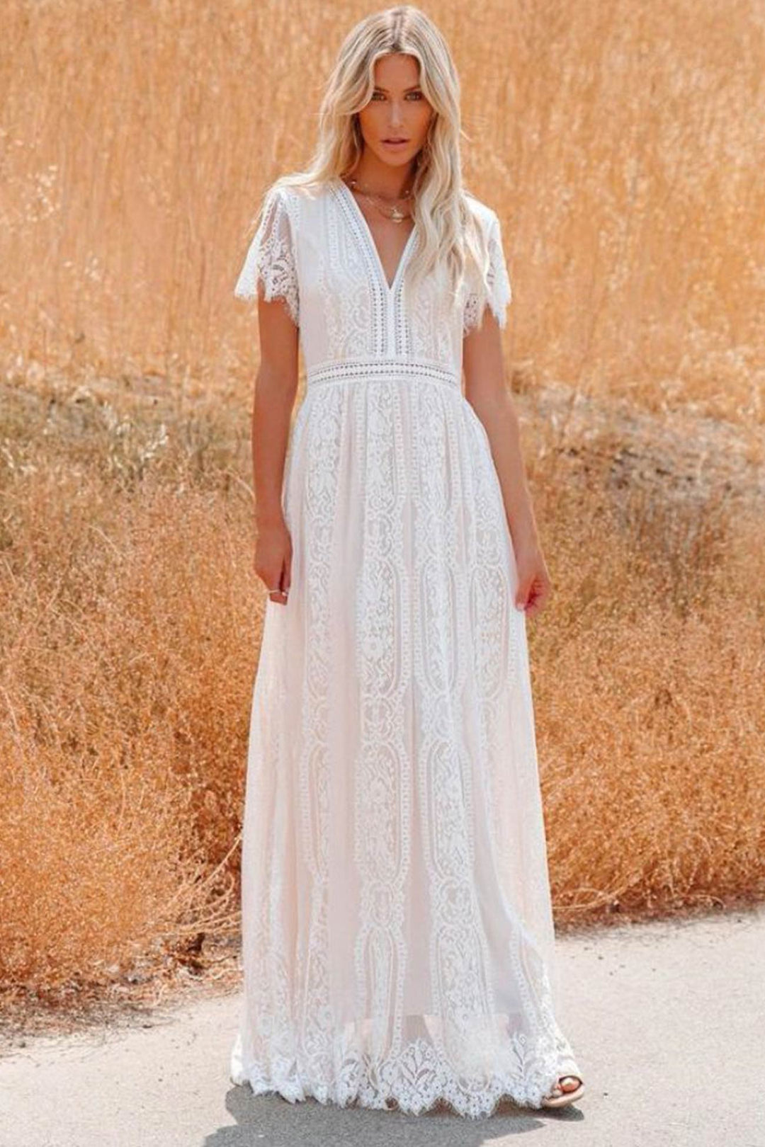 V Neck Lace Embroidery Maxi Dress White · 2XL