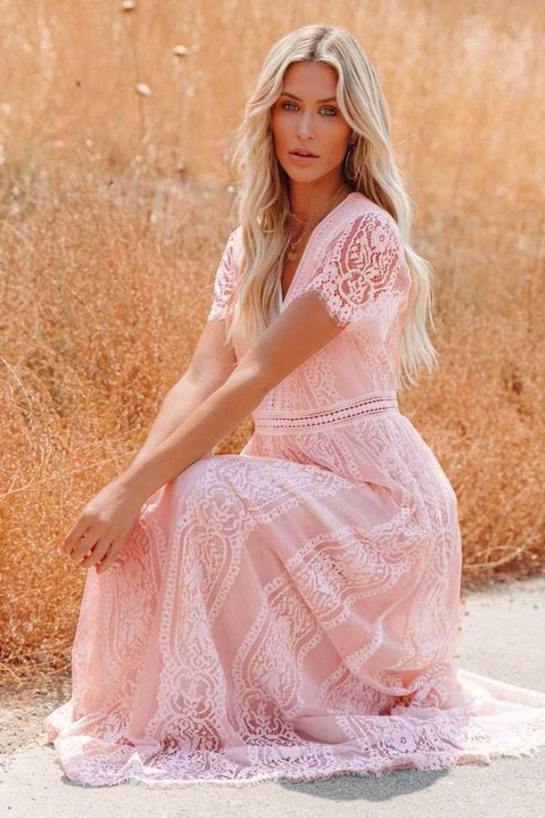 V Neck Lace Embroidery Maxi Dress Pink · 2XL