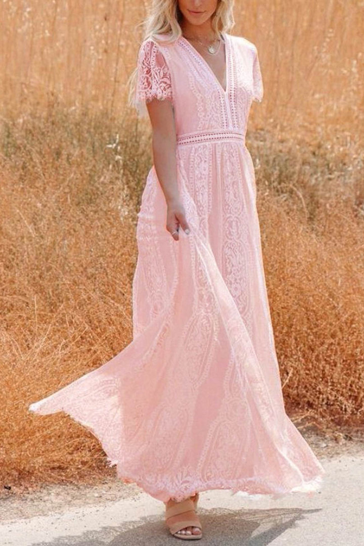 V Neck Lace Embroidery Maxi Dress Pink · XL