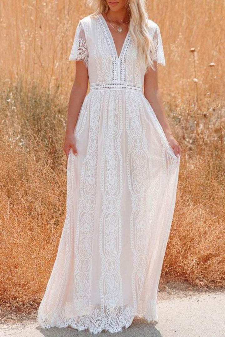 V Neck Lace Embroidery Maxi Dress White · L