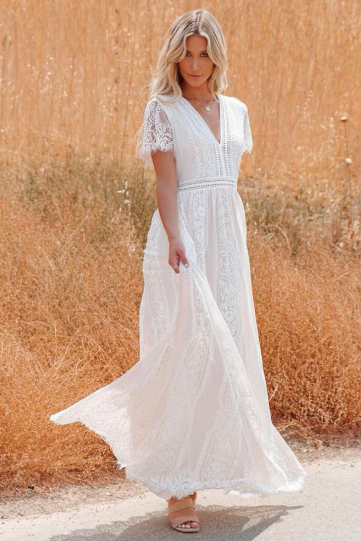 V Neck Lace Embroidery Maxi Dress White · S