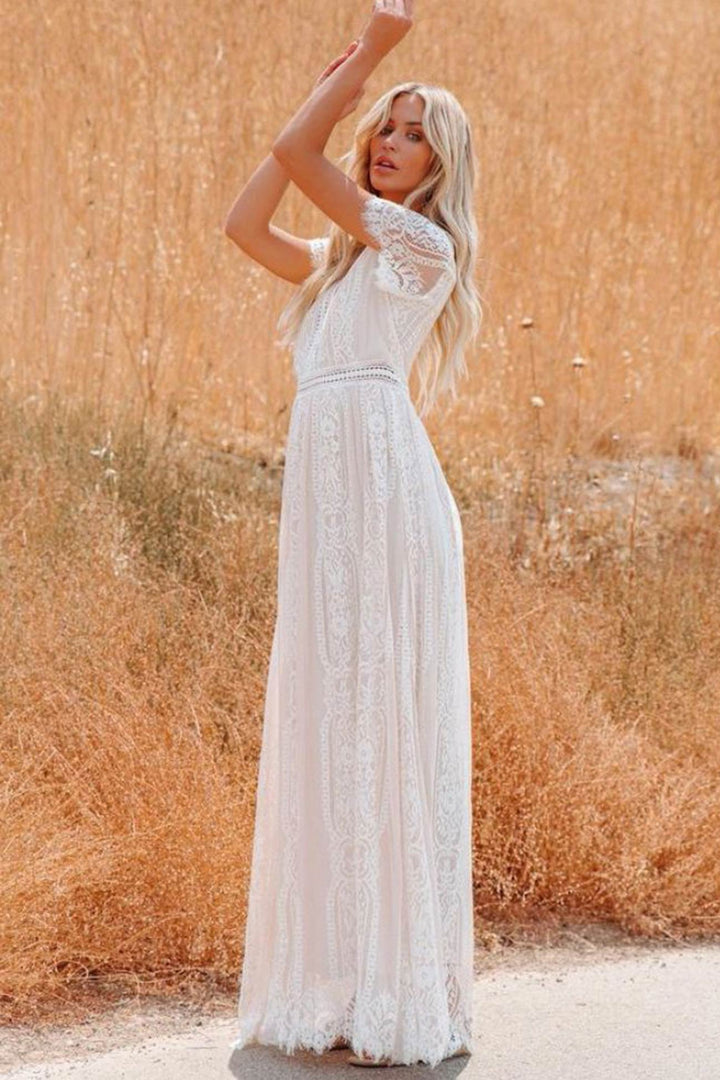 V Neck Lace Embroidery Maxi Dress White · M