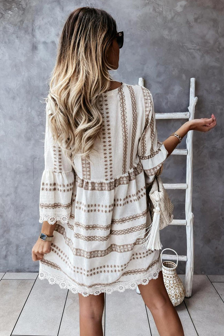 V Neck Lace Patchwork Striped Dress Beige · XL