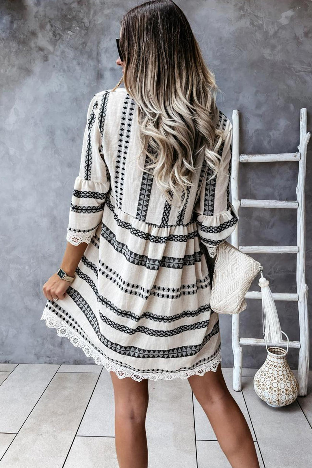 V Neck Lace Patchwork Striped Dress Black · S