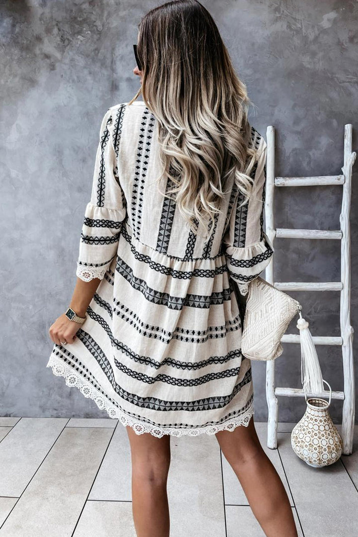 V Neck Lace Patchwork Striped Dress Black · S