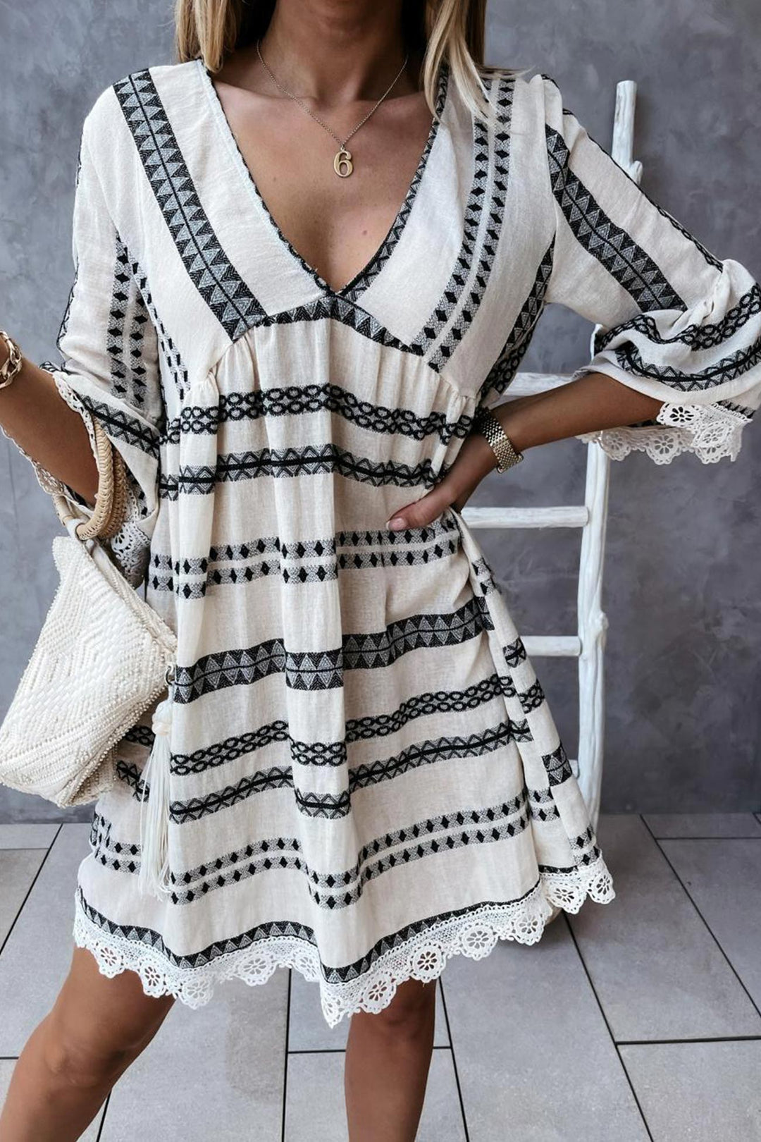 V Neck Lace Patchwork Striped Dress Beige · 2XL