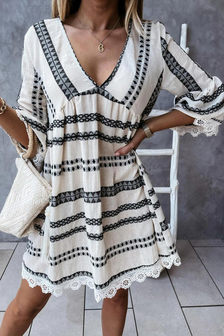 V Neck Lace Patchwork Striped Dress Beige · 2XL