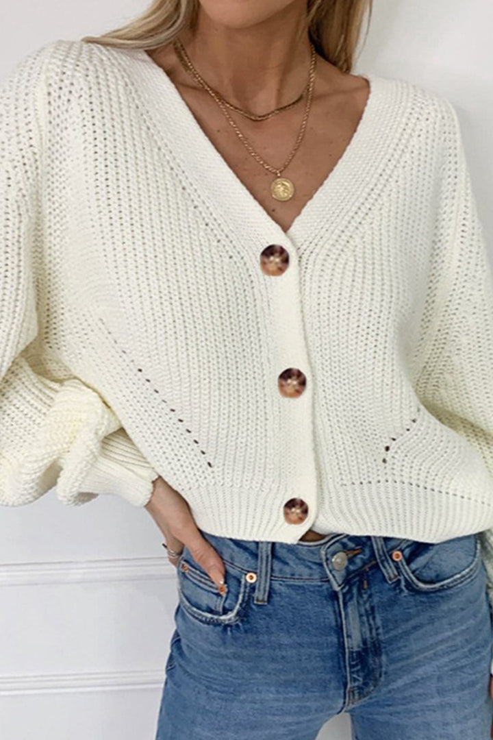 V Neck Lantern Sleeve Cardigan